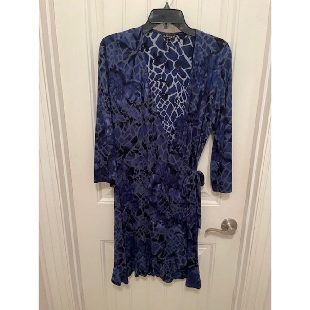 DUNIA Y2K Blue Animal Print Wrap Dress 3/4 Sleeve - Rayon & Lycra Blend - Women'
